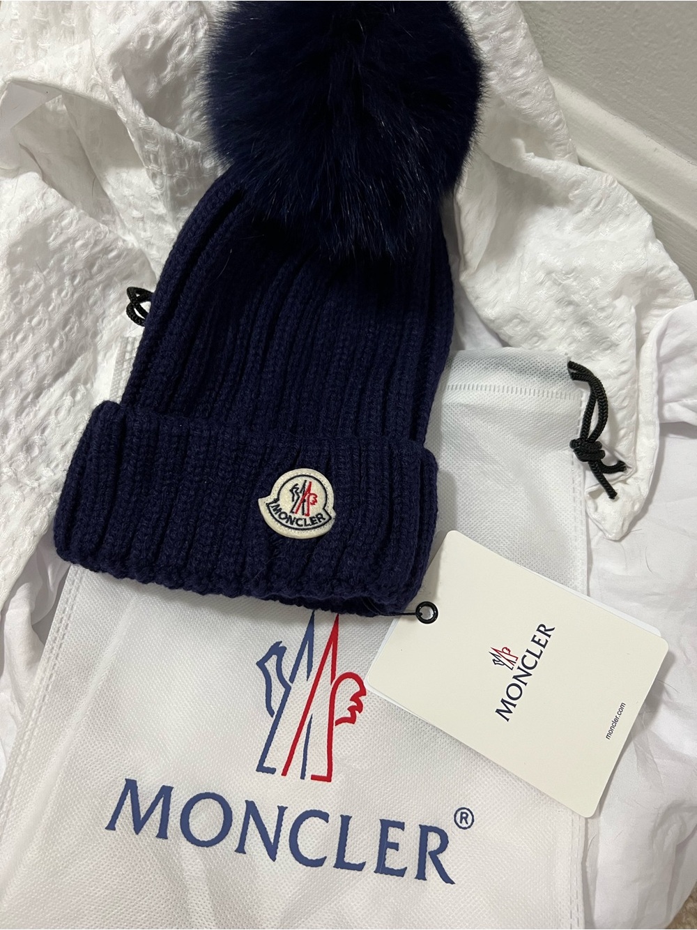 Moncler Dark Navy Ribbed Wool Beanie with Pom Detail